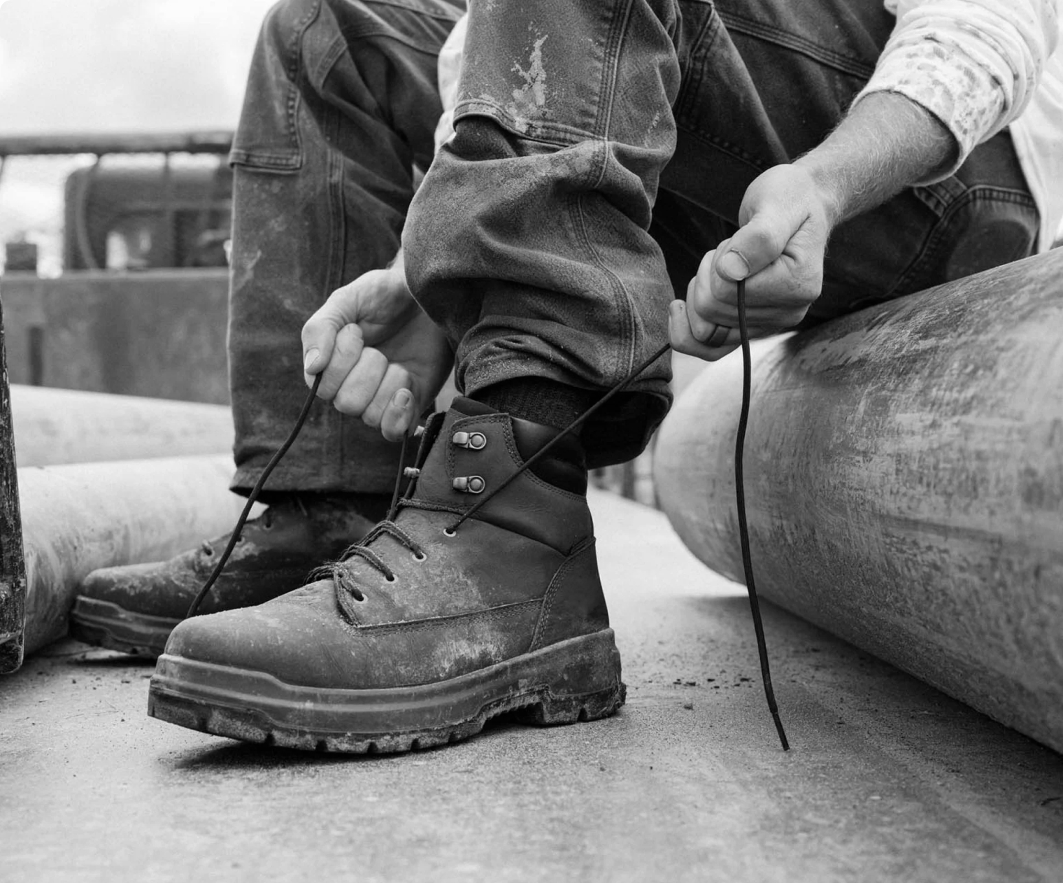 Traditional work boots worn during a work shift